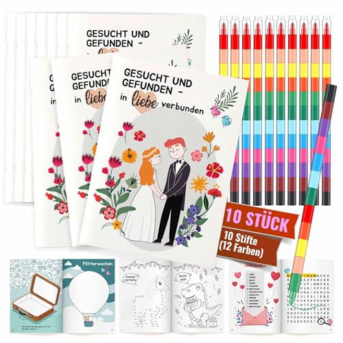 Tom Hugh Hochzeitsmalbuch 10er Set inkl. 12 Buntstifte, Kinder Malbuch Set zur Hochzeit, Aktivitätsbuch mit Filzstiften - Beschäftigung Zeichenbücher Unterhaltung Gastgeschenke