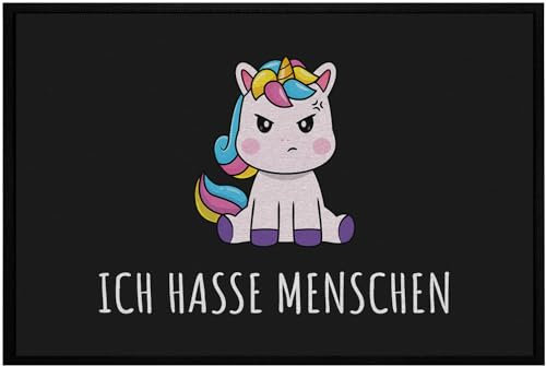 OM3® lustige Fußmatte mit Spruch - Einhorn - Ich Hasse Menschen - Fantasy Unicorn - rutschfest & waschbar - 60x40cm -