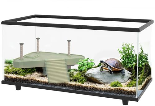 PawHut Schildkrötenpanzer, 50L Glasschildkröten-Aquarium mit Badeplattform, Rampe, einfacher Abfluss, Streifen-Thermometer, für kleine Schildkröten, 60 x 30 x 32cm