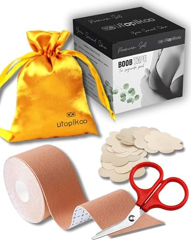 UTOPIKOO® Boob Tape. Cinta Adhesiva Pecho 5m + 12 Cubre Pezones Saten + Bolsita Viaje- Set Premium Pezoneras Adhesivas Invisibles Sujetador Adhesivo Invisible Cinta Pecho Adhesiva