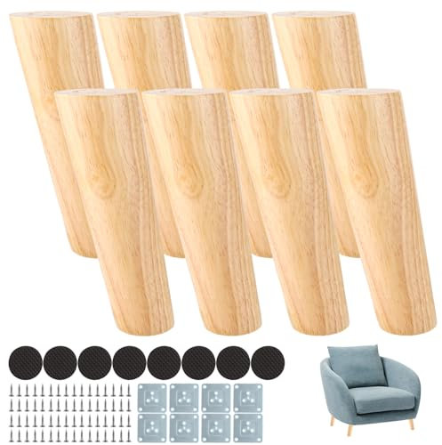 MIVIDE 8 Pièces Pieds de Meuble Bois Oblique 15cm, Pieds de Meubles en Bois, Pied de Meubles avec Plaques de Montage et Vis pour Lit Armoire Tables et Chaises