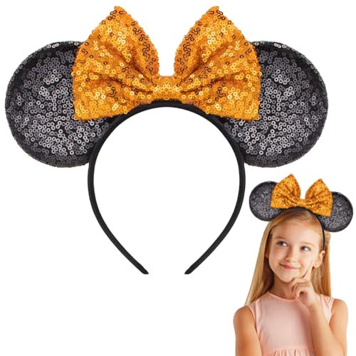 CHEERYMAGIC Mouse Ears Bow Headband - Pumpkin Orange Minnie Ears Sparkle Sequin Glitter Party Decoration Halloween Cosplay Costume for Women & Girls A9MQFG