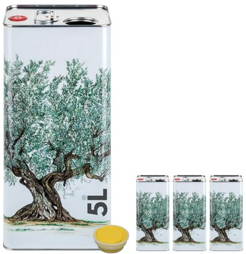 acquaverde | 3 Lattine per Olio di Oliva, Latta Bianca con Albero, in Metallo, Contenitore Alimentare da 5 Litri con Doppio Tappo e Maniglia