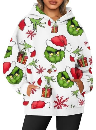 Hoodie Damen Grinch weihnachtspulli Grinch Pullover Hoodie Lustige Weihnachten Grafik Drucken üBergroßE Sweatshirts Mit Tasche LäSsig Langarm Pullover Tops Damen t-Shirt Grinch Grinch Hoodie Decke