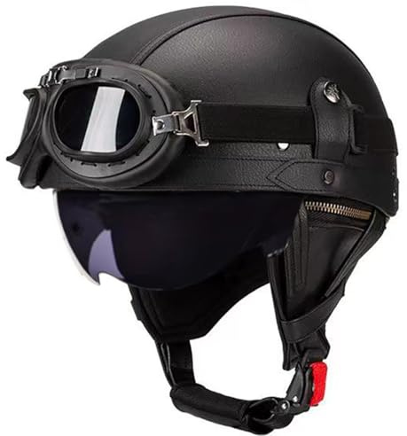 Vintage Deutsch Leder Motorrad Halbhelm, ECE-geprüft Männer Frauen Halbschalenhelme mit Schutzbrille und Visier, Retro Offener Schutzhelm für Fahrrad Cruiser Scooter Chopper