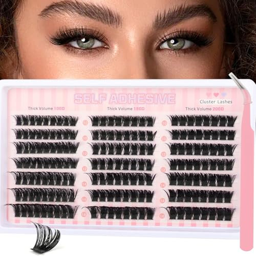 Sixstarhair Self Adhesive Eyelashes 175Pcs Pre Glued Cluster Lashes Kit with Tweezers Volume Individual Eyelashes No Glue Needed Press on Lashes Easy to Apply 10-16MM (100D+150D+200D Kit)