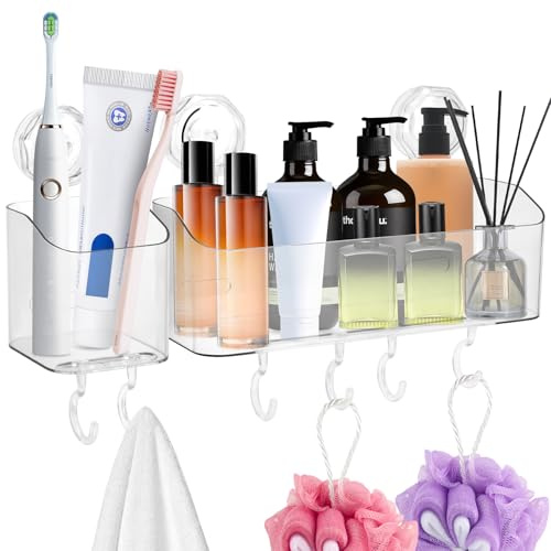 Clear Shower Caddy Suction, 2PCS Shower Caddy No Drilling, Suction Vacuum Bathroom Shelf with Knob, Wall Mounted Shower Organiser with 6 Hooks, Acrylic Showe r Rack Stick on for Bathroom Kitchen