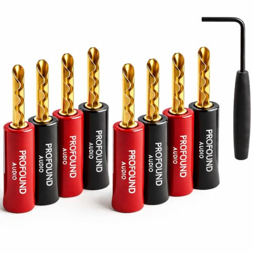 Profound Audio BFA HiFi Bananenstecker – 24K vergoldet, 8 Stück Lautsprecherstecker inklusive Montageschlüssel, für Lautsprecherkabel, Lautsprecher, Verstärker, AV-Receiver