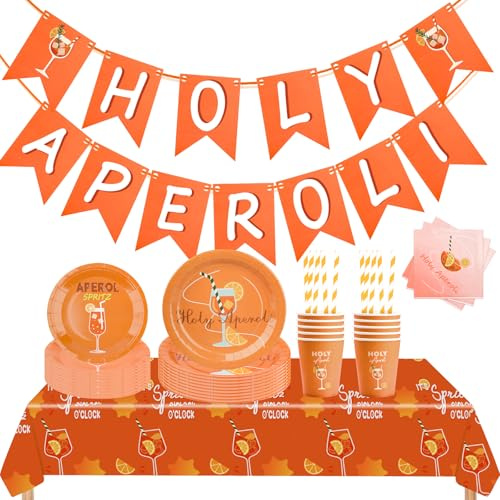 Aperol Spritz Stoviglie per Feste, 62 Pezzi Accessori per Feste di Cocktail, Aperol Decorazioni con Piatti Tazza Tovaglioli Cannucce Striscione e Tovaglia, per Compleanni Matrimoni Carnevale (A)