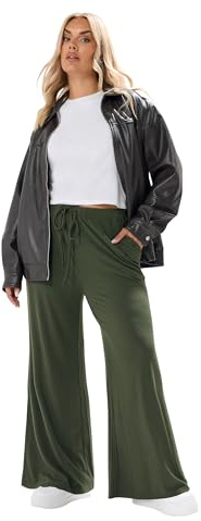 Yours Curve Forest Green Ribbed Wide Leg Trousers - Women's - Plus Size Curve