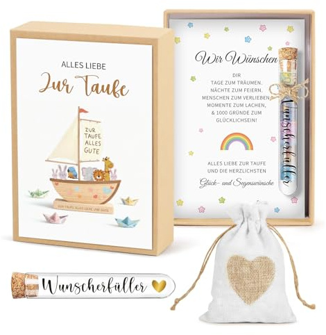 Taufgeschenk Set Geldgeschenk zur Taufe für Mädchen Jungen Geschenkverpackung mit Grußkarte, Reagenzglas & Jutesäckchen Hochwertige Taufe Erinnerung