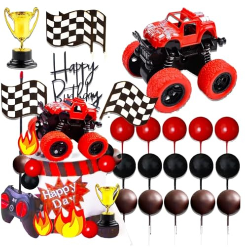 22PCS Race Car Cake Decorations - Checkered Flag & Trophy Toppers for Two Fast/Fast One Birthday, Reusable PVC Racing Theme Party Supplies