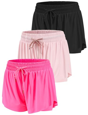 Orrfreer 3 Pack Girls Butterfly Shorts Athletic 2-in-1 Running Shorts for Girls Teen with Pockets Colourful Summer Sports Shorts Built-in Breathable Shorts