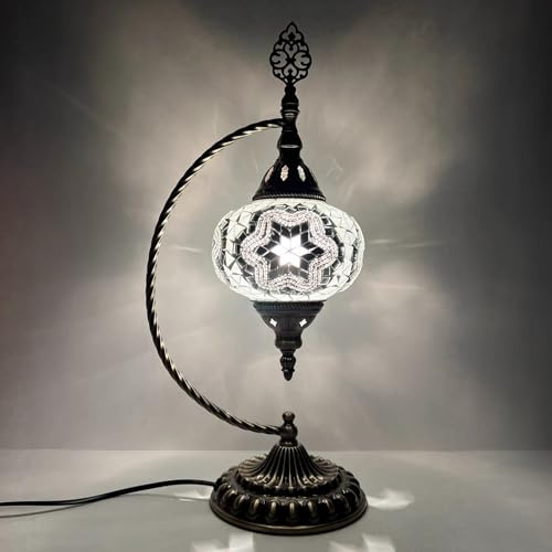 AIBOTY Türkische Mosaik-Tischlampe in Mondform marokkanische Vintage-Bohème-Bettlampe handgefertigt rustikale Beleuchtung für Schlafzimmer Esszimmer Arbeitszimmer dekorative Lampe,Silber