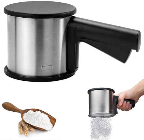 Gykutix Mehlsieb Edelstahl Puderzuckerstreuer Mehlsieb Einhand Mehlstreuer mit Deckel und Griff Feines Sieb Puderzuckermühle 2-Deckel Puderzuckersieb für Mehl, Zucker, Zimt, Gewürzpulver