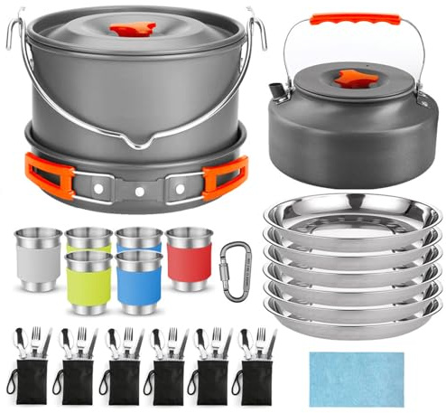 CHICIRIS Outdoor Camping Cookware Set, 48PCS Aluminum Alloy Non Stick Portable Foldable Cookware with Stainless Steel Cutlery, for Camping Hiking Backpacking Picnicking (Orange)