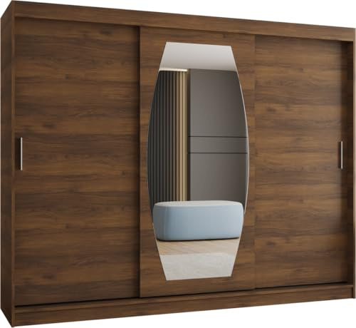 Kryspol - Kleiderschrank mit Spiegel - Schwebetürenschrank - Kleiderschrank 250 cm Breit x 200cm(H) x 62cm(T), 3 Türen, Laminierte Möbelplatte, Rossa 250, Nussbaum Warmia, Griff: Silber