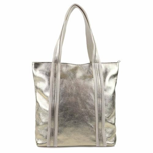 OBC Made IN Italy XXL Damen METALLIC Leder Hand-Tasche Shopper Schultertasche Umhängetasche Ledertasche Reisetasche Gold