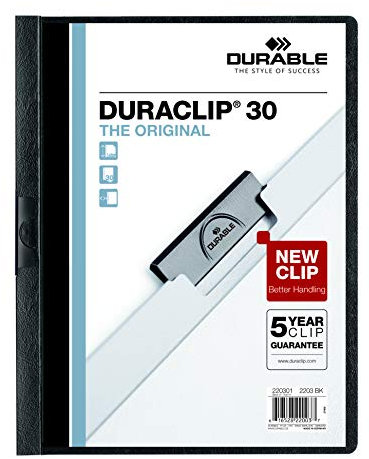 Durable Berichtsheft mit Duraclip, Briefformat, hält bis zu 30 Seiten, Klarsicht-Einband/Schwarz, 5 Stück (220401)
