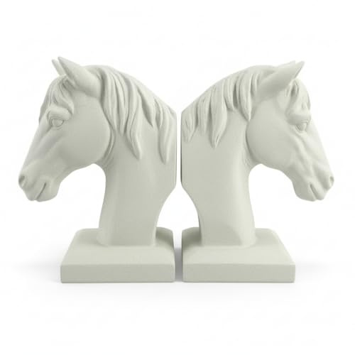Comfy Hour Farmhouse Home Decor Collection Buchstützen, 12,7 cm lang, 17,8 cm hoch, 2 Pferdekopf-Buchstützen, Kunst-Buchstützen, Antik-Stil, schwer, Weiß, Polyresin