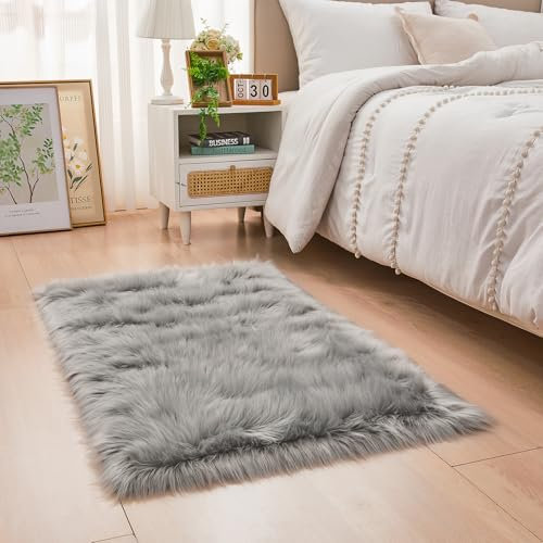 YIHAIC Faux tappetto di pelle di pecora tappeto, Pecora Agnello imitazione pelliccia sintetica decorativa, adatto per tappeto per soggiorno, tappetino per il letto (Grigio, Rectangle 60 x 90 CM)
