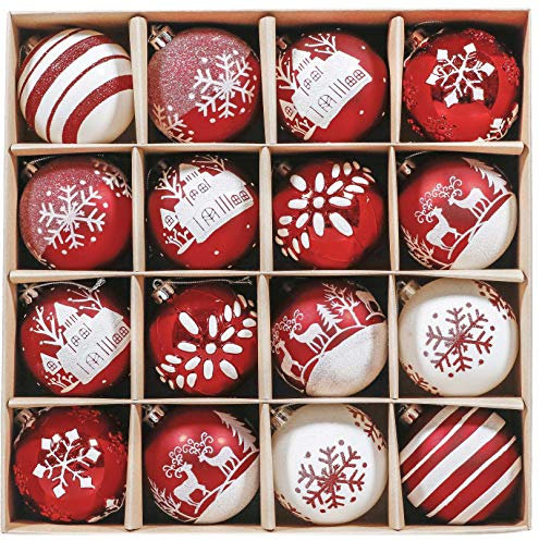 Valery Madelyn Christmas Baubles for Tree Decorations, 16pcs 8cm Red and White Shatterproof Giant Baubles for Xmas Ornaments