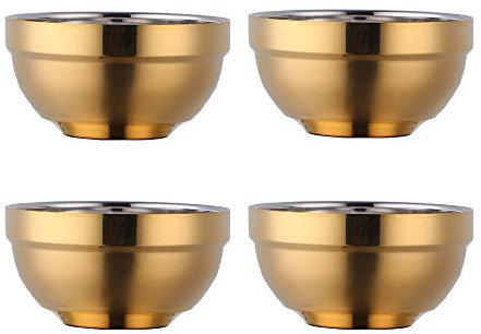 SBOMHS Cereal Bowl Stainless Steel 340 ml Gold Soup Bowls Set of 4 Rice Bowl Large Pasta Bowl Dessert Bowls Wide 11.4 cm (4.5 inches) Metal Ramen Bowls Double Layer Anti-Hot