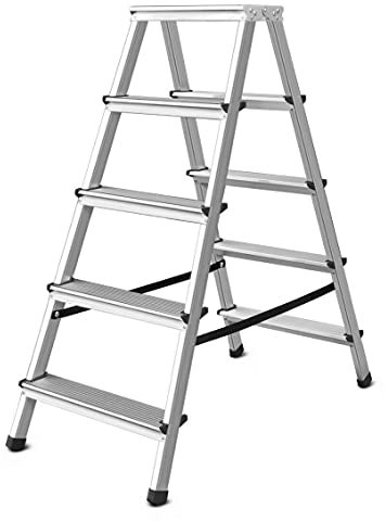 Trittleiter mit 5 Stufen – doppelseitige Profi-Leiter aus Aluminium, bis zu 125 kg Belastung, Klapptritt für Haushalt, FORTENA (2x5 Stufen)