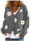 HULKAY Women's Floral Print Long Sleeve V-Neck Sweaters Button Down Ribbed Cuffs Knit Cropped Cardigan Sweater(Gray,L)