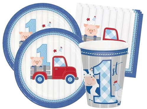 Isola Party Kit festa di primo compleanno bimbo a tema Animali della fattoria per 16 persone eco-friendly (16 piatti di carta ⌀ 23 cm, 16 bicchieri di carta 266 ml, 16 tovaglioli di carta 33x33 cm)