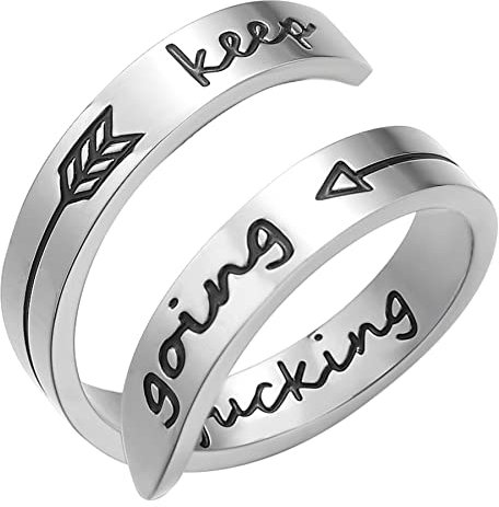 JewelryWe Schmuck Edelstahl Offene Damen-Ring mit keep fucking going Gravur, Partnerringe Freundschaftsringe, Silber Verstellbar Ring