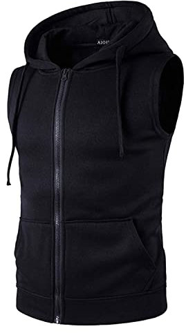 AIOIDI Felpa da Uomo Senza Maniche con Cappuccio Cotone Sportivo Gilet,M-Nero,XL