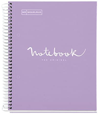 Miquelrius - Notizbuch A5 Notebook, 1 farbiger Streifen, 80 Blatt mit horizontalem Lineatur 7 mm, Papier 90 g/m² mikroperforiert mit 2 Bohrungen für 2 Ringe, Einband aus Karton, Farbe Lavendel