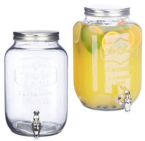 Relaxdays 2 x Getränkespender 8 l, Glas, Zapfhahn, Retro Saftspender Gastro, Vintage Limonadenspender Gartenparty, klar