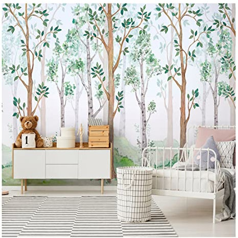 WallArena - Vlies Fototapete Kinderzimmer 350x245 cm Wald Bäume - Fototapeten Tapeten für Kinder Kindertapete Kinderzimmertapete - Vliestapete Wandtapete Tapete 3D Effekt