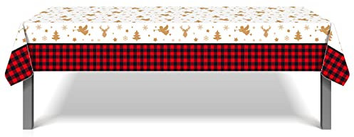 Tischdecke Weihnachten, Rechteck Rot Schwarz Plaid Check Weihnachten Tischdekoration, Elch Gitter Kariert Partytischdecke, Wasserabweisend Tischtücher für Neujahr Winterferien Dekoration,130x220cm