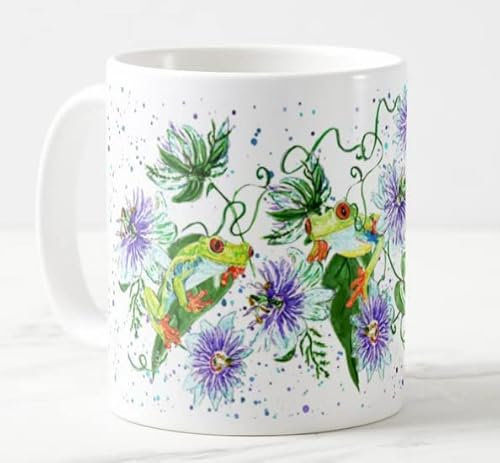 Taza de colores con diseño de rana en flores, diseño de flores de pasión, arte de acuarela, taza de regalo, cumpleaños, trabajo, oficina, Navidad, té, café (blanco)