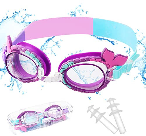 Pwsap Anti-Fog Schwimmbrille, Schwanz Schwimmbrille für Mädchen 4-14, Schwimmbrille mit Breiten Gläsern, UV-Schutz, Auslaufsicher, Klare Sicht, Wasser Pool Brille mit Ohrstöpsel Brillenbox