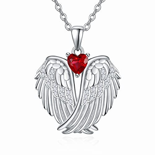 KINGWHYTE Schutzengel Silber Engelsflügel Anhänger mit Herz Zirkon Flügeln und Rubin - Schmuck Geschenke für Frauen