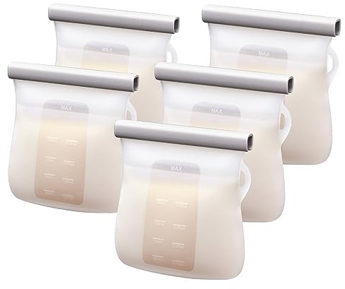 Lictin Sachet Conservation Lait Maternelle, Lot de 5 Silicone Conservation Lait Maternel, 8.5oz/250ml Réutilisables, Sans BPA, Double Couche Anti-Fuites Sachet Lait Maternel