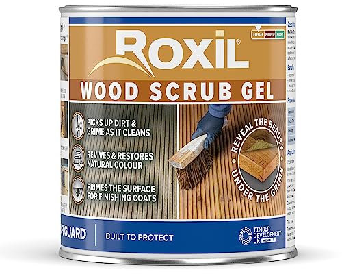 Roxil Wood Scrub Gel - Oxalic Acid-Based Wood Cleaner to Revive Weathered Outdoor Furniture and Decking, Restore Colour and Wood Grain (1L)