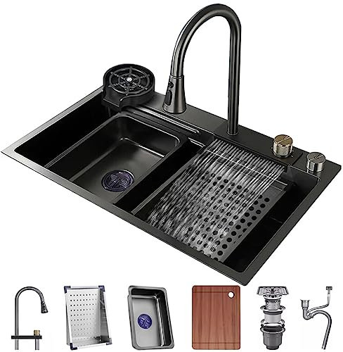 Juego de Fregadero de Cocina de Cascada de Acero Inoxidable con Fregadero de Barra de un Solo tazón con Cabezal de pulverización extraíble, Fregadero de estación de Trabajo con múltiples Accesorios