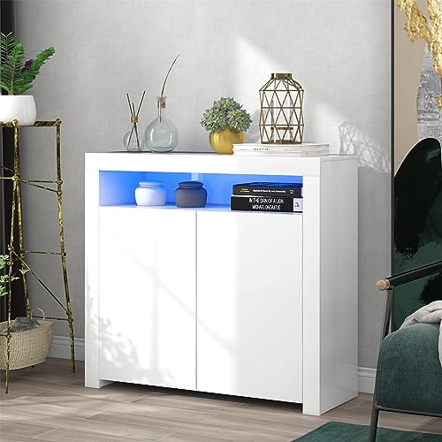 Sweiko Commode LED - Buffet de salon - Armoire de rangement brillante avec lumière LED - Armoire de cuisine moderne - Buffet en bois - Meuble TV pour couloir, chambre à coucher, salon, salle de bain