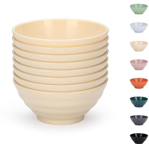 Evanda Lot de 8 bols en plastique incassables, 500ml incassable réutilisable léger bol pour céréales, nouilles, soupe, pâtes, ramen, maïs soufflé, fruits, salade et tout usage (Fromage blanc)