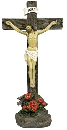 JORAE Jesus-Kruzifix-Statue, stehendes Kreuz, Dekoration, betend, religiöse Figur, Jesus Christus, katholische Ausstellung, Kunstharz, Tischplatte, Heimdekoration, 25,4 cm H