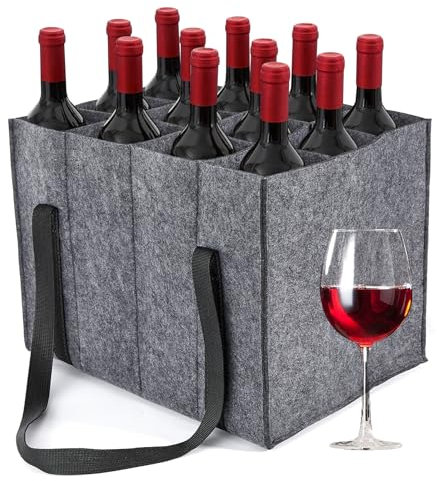 Zhongko Felt Wine Carrier Bag - 12 Bottle Portable Tote with Divider, Reusable Beer Carrier for Picnic, Camping, Travel, Party (Gray)