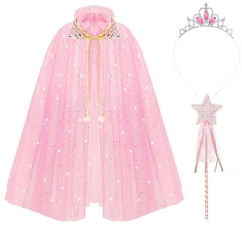 Mantello da principessa, mantello principessa bambina Paillettes scintillanti vestito carnevale principessa Costume Halloween con bacchetta fata Principessa Tiara per Ragazze 6-10 Anni(Rosa)