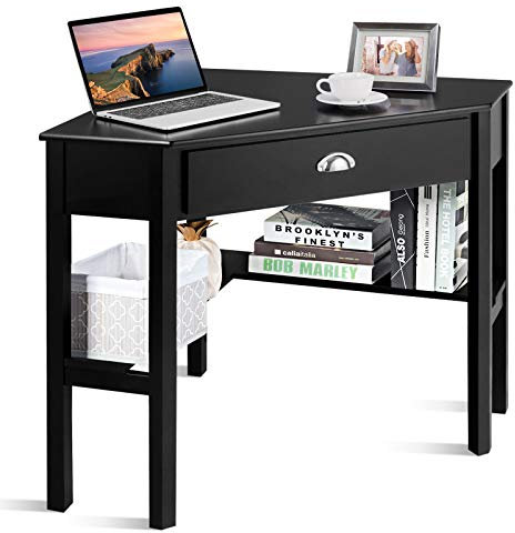 COSTWAY Corner Computer Desk, Triangle PC Laptop Table with Drawer and Storage Shelf, Space Saving Wooden Study Desk Writing Workstation for Home Office Bedroom (Black)