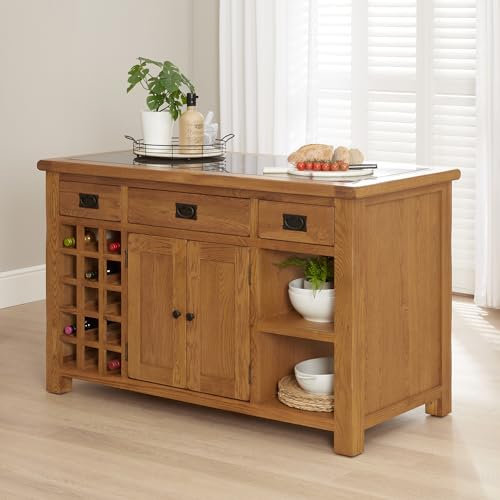 The Furniture Market Rustic Oak Large Kitchen Island with Black Granite Top - Wine Rack, Knife Slots, and Ample Storage – Easy Minor Assembly Required - H 865 x L 1400 x W 680mm