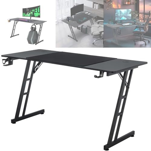 ACXIN Gaming Tisch, 120 x 60 cm Computertisch mit Kopfhörerhaken und Getränkehalter, Z-förmige Konstruktion, Ergonomische Gestaltung Gaming Schreibtisch Kohlefaser Schwarz